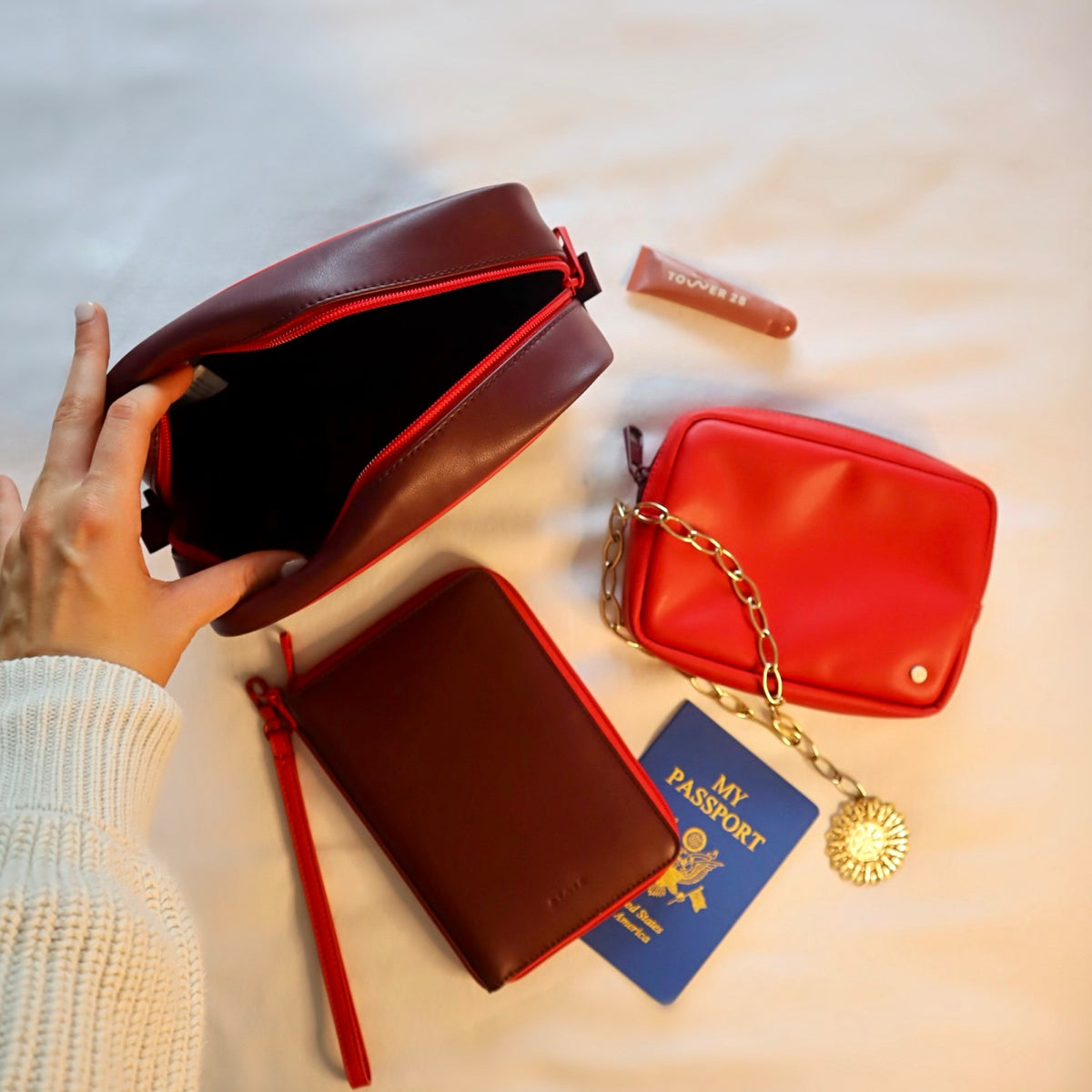 Travel Pouch Set of Two Vegan Leather Burgundy