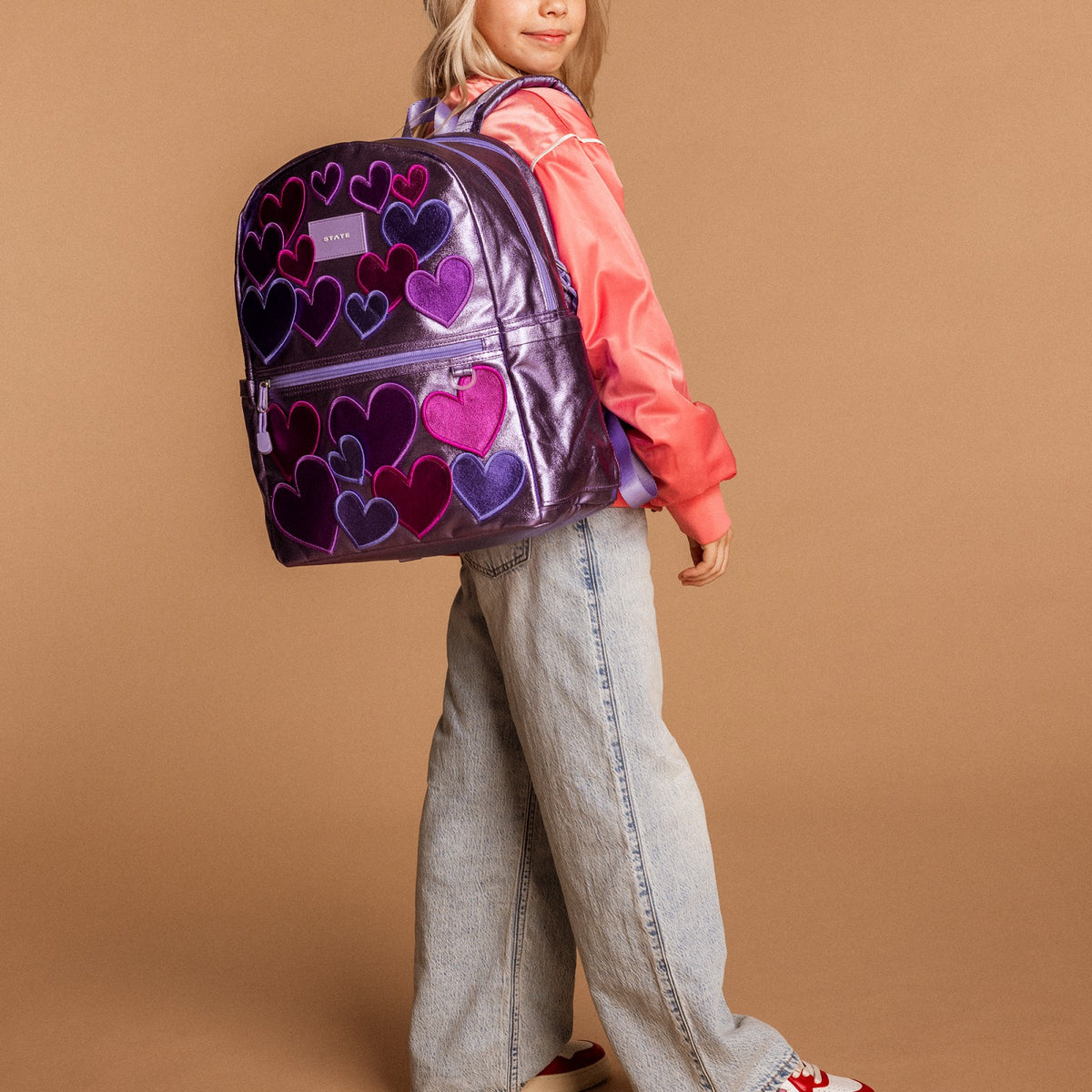 Kane Double Pocket Backpack Metallic 3D Hearts