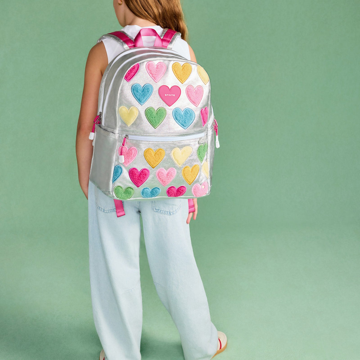 Kane Kids Double Pocket Backpack Metallic Happy Fuzzy Hearts