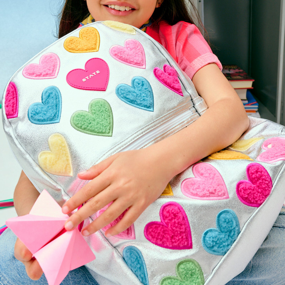 Kane Kids Double Pocket Backpack Metallic Happy Fuzzy Hearts