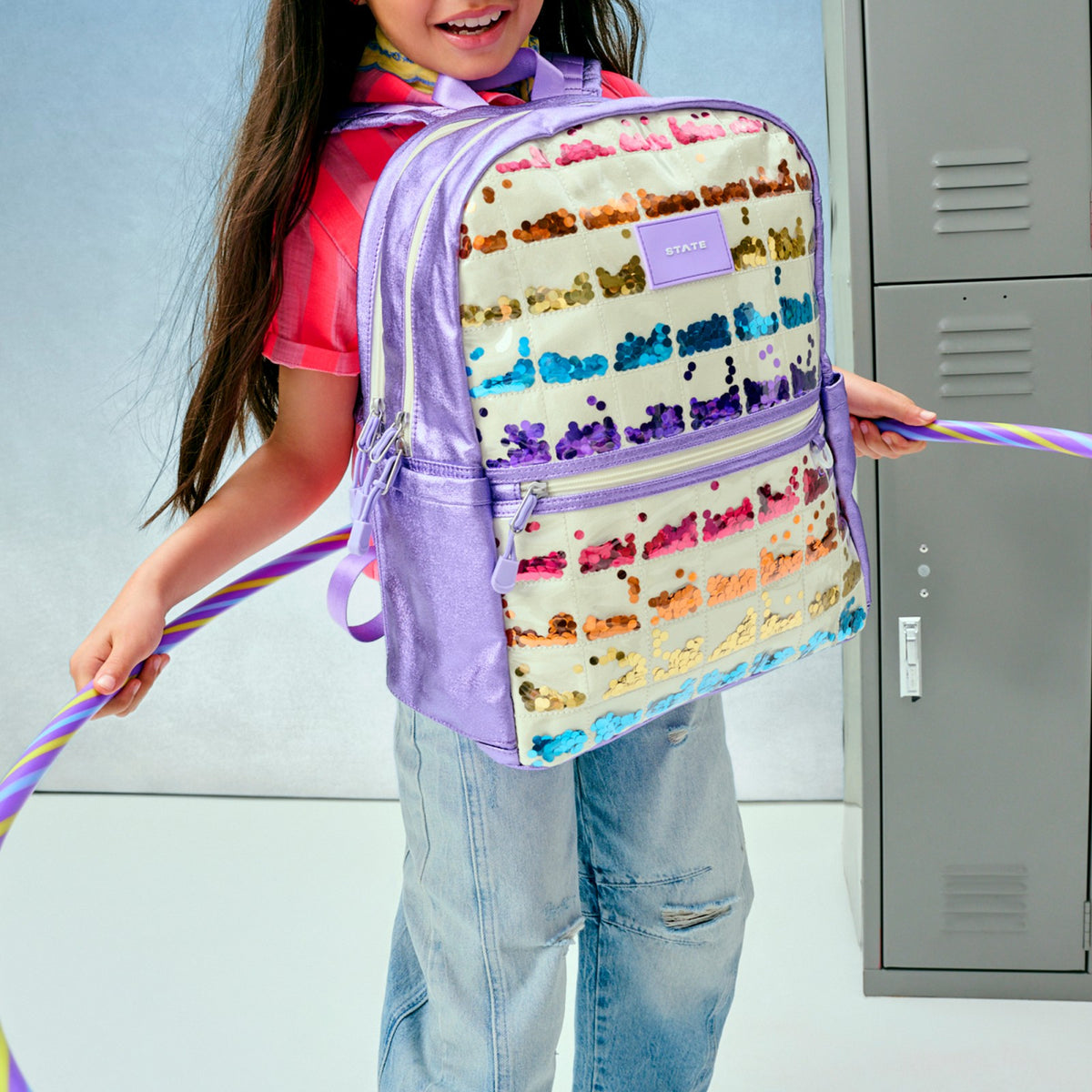 Kane Kids Double Pocket Backpack Metallic Lilac Quilted Sequins