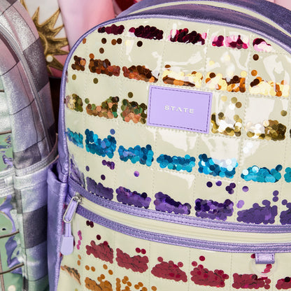 Kane Kids Double Pocket Backpack Metallic Lilac Quilted Sequins
