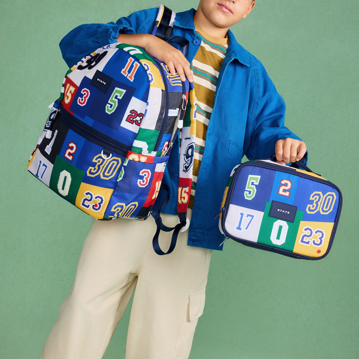 Kane Double Pocket Backpack Recycled Poly Canvas Varsity Numbers